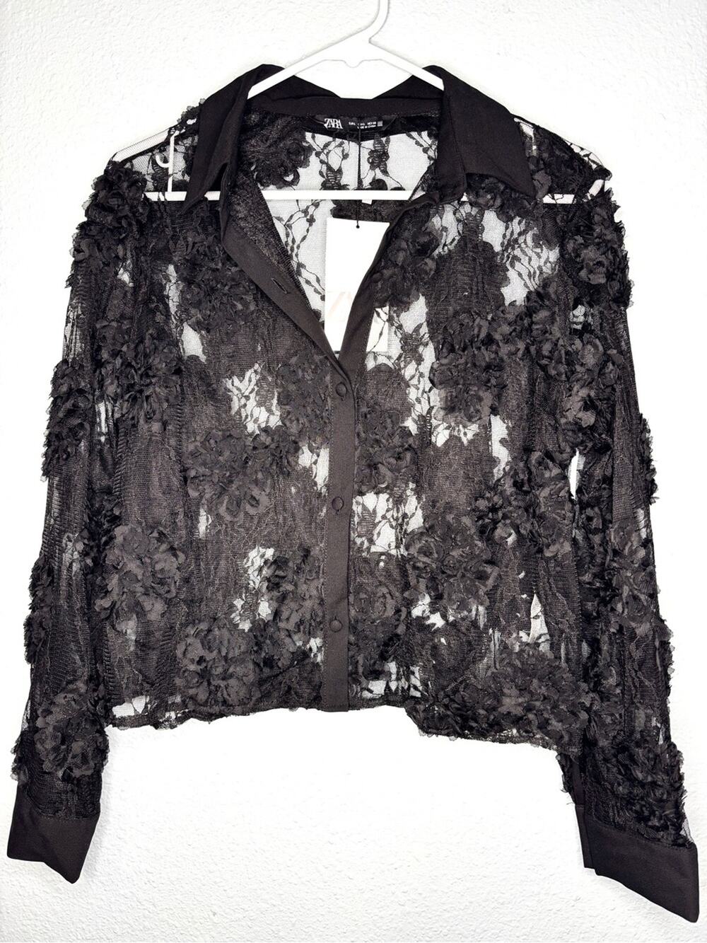 ZARA NWT Black Sheer Lace Textured Applique Boxy Crop Button Up Top L